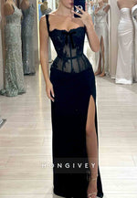 Black Lace Regular Straps Column Floor-Length High Slit Prom Dresses
