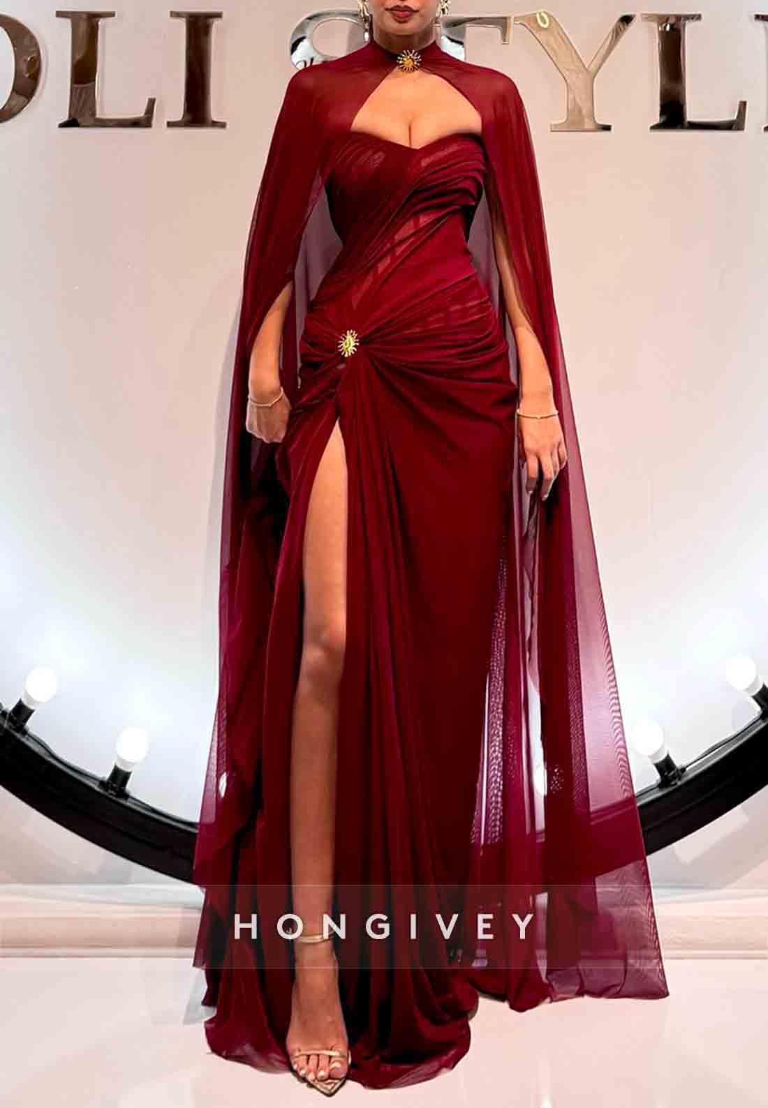 Strapless Sweetheart Burgundy High Slit Floor-Length Prom Dresses with Cape