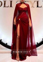 Strapless Sweetheart Burgundy High Slit Floor-Length Prom Dresses with Cape