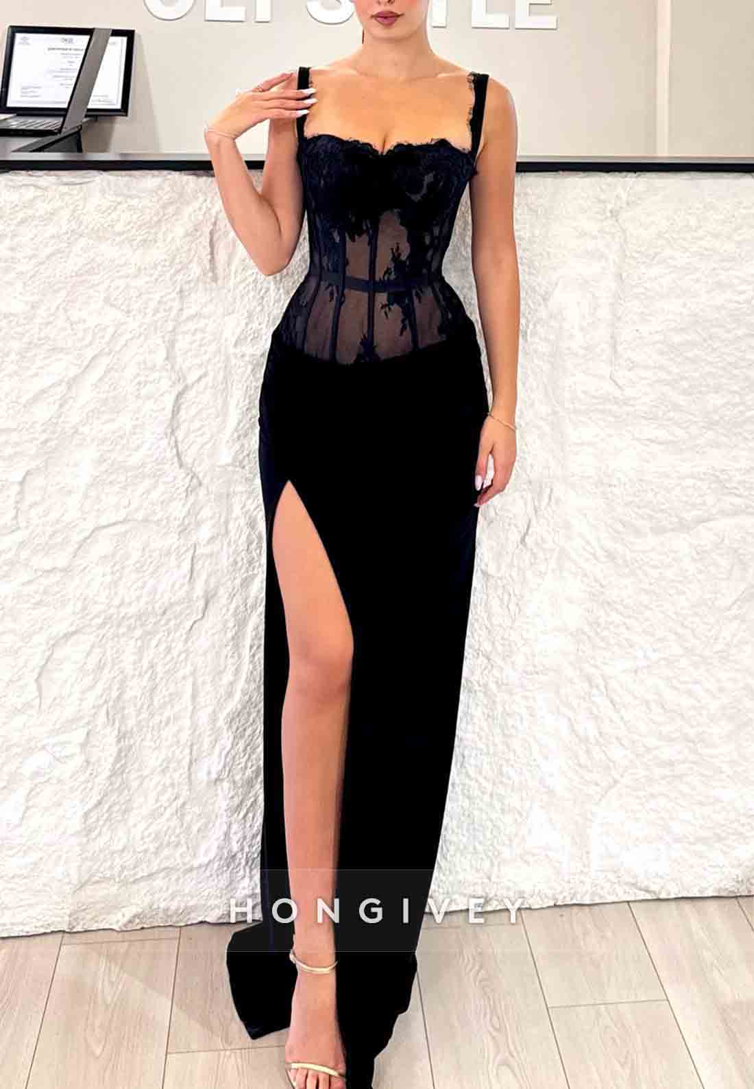 Black Lace Regular Straps Column Floor-Length High Slit Prom Dresses
