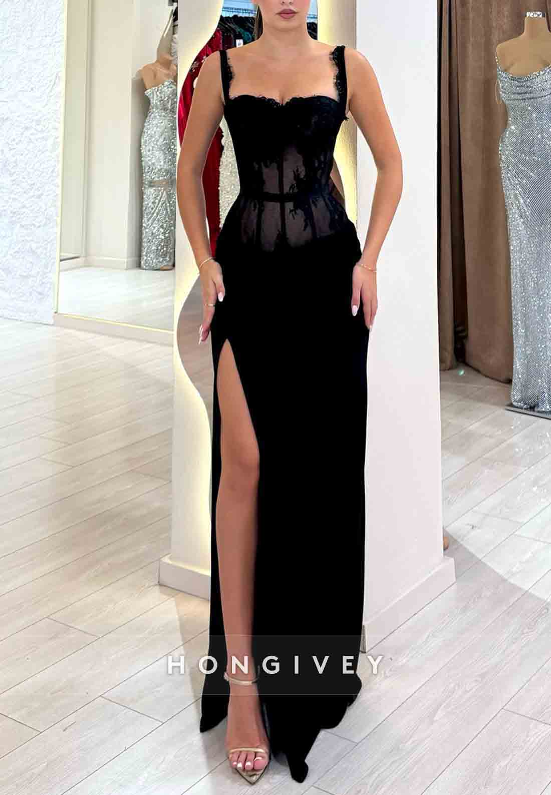 Black Lace Regular Straps Column Floor-Length High Slit Prom Dresses