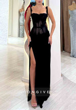 Black Lace Regular Straps Column Floor-Length High Slit Prom Dresses