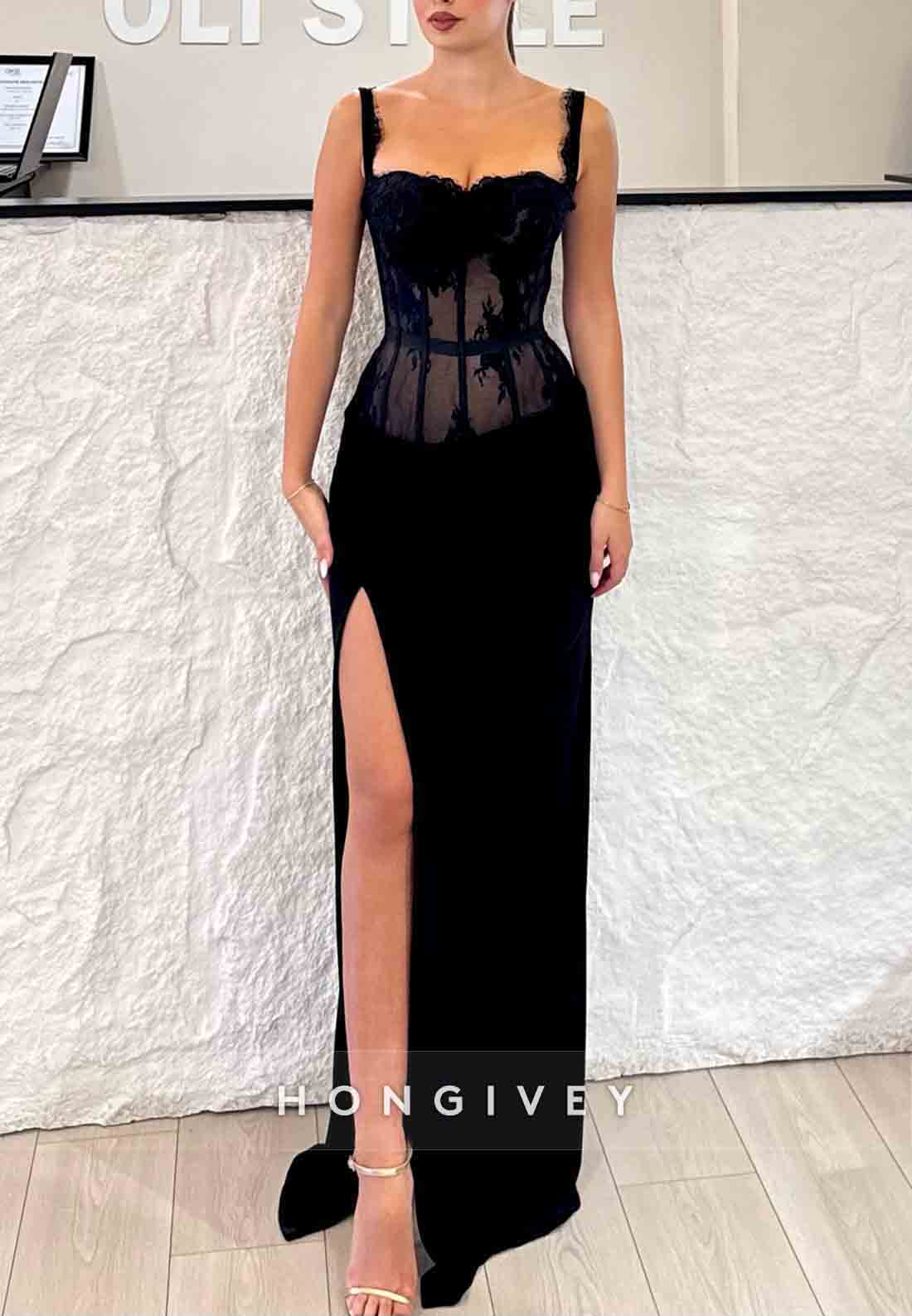 Black Lace Regular Straps Column Floor-Length High Slit Prom Dresses