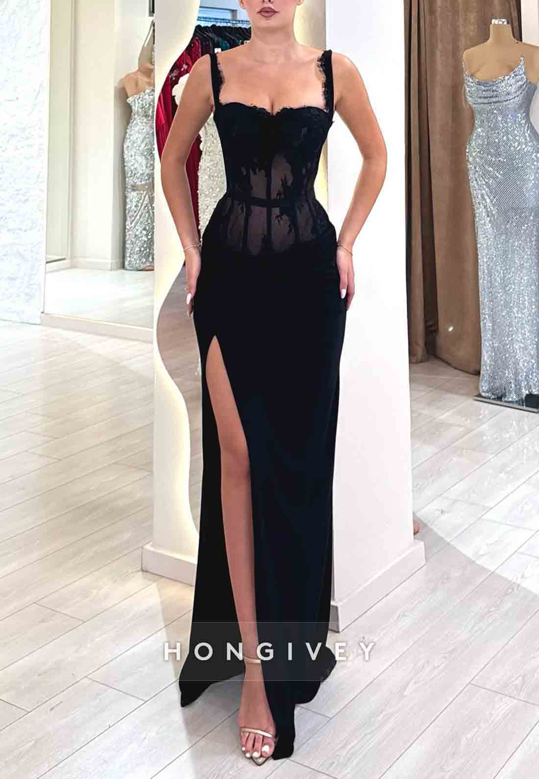 Black Lace Regular Straps Column Floor-Length High Slit Prom Dresses