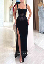 Black Lace Regular Straps Column Floor-Length High Slit Prom Dresses