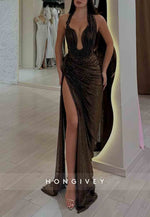 Halter Sheath Glitter Sleeveless Floor-Length Prom Dresses with High Slit