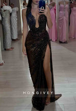 Halter Sheath Glitter Sleeveless Floor-Length Prom Dresses with High Slit