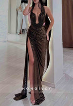 Halter Sheath Glitter Sleeveless Floor-Length Prom Dresses with High Slit