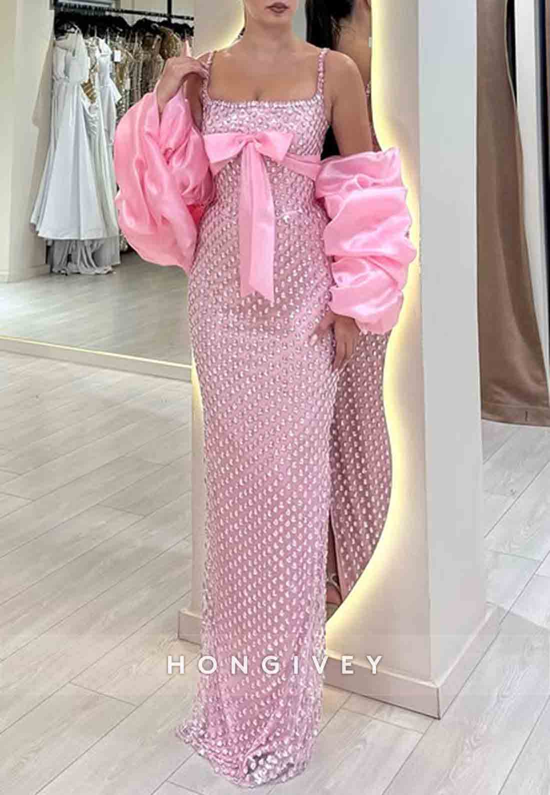 Sparkly Spaghetti Straps Pink Prom Dresses Square Neck Evening Gowns with Bowknot and Rhinestone