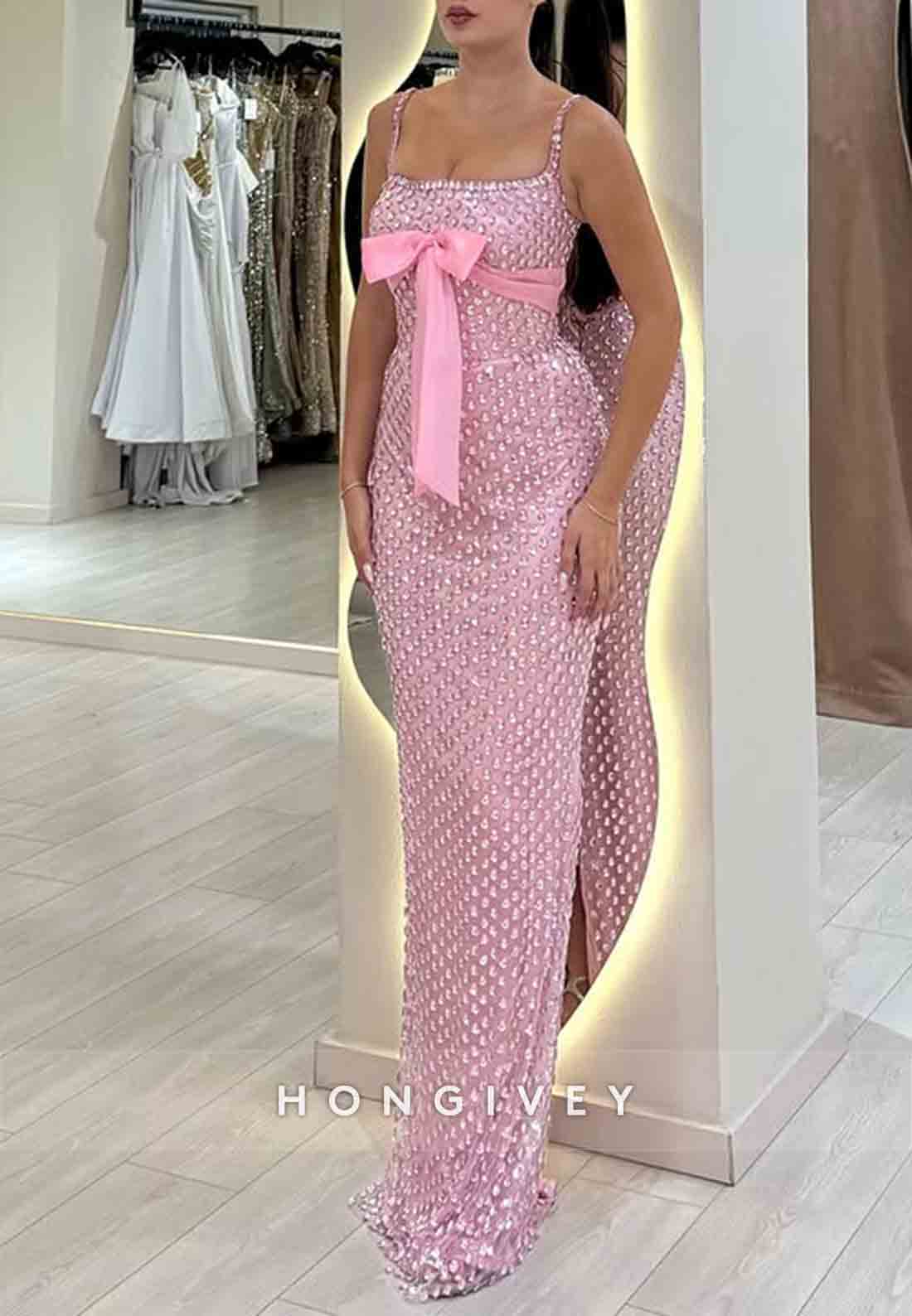 Sparkly Spaghetti Straps Pink Prom Dresses Square Neck Evening Gowns with Bowknot and Rhinestone