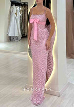 Sparkly Spaghetti Straps Pink Prom Dresses Square Neck Evening Gowns with Bowknot and Rhinestone
