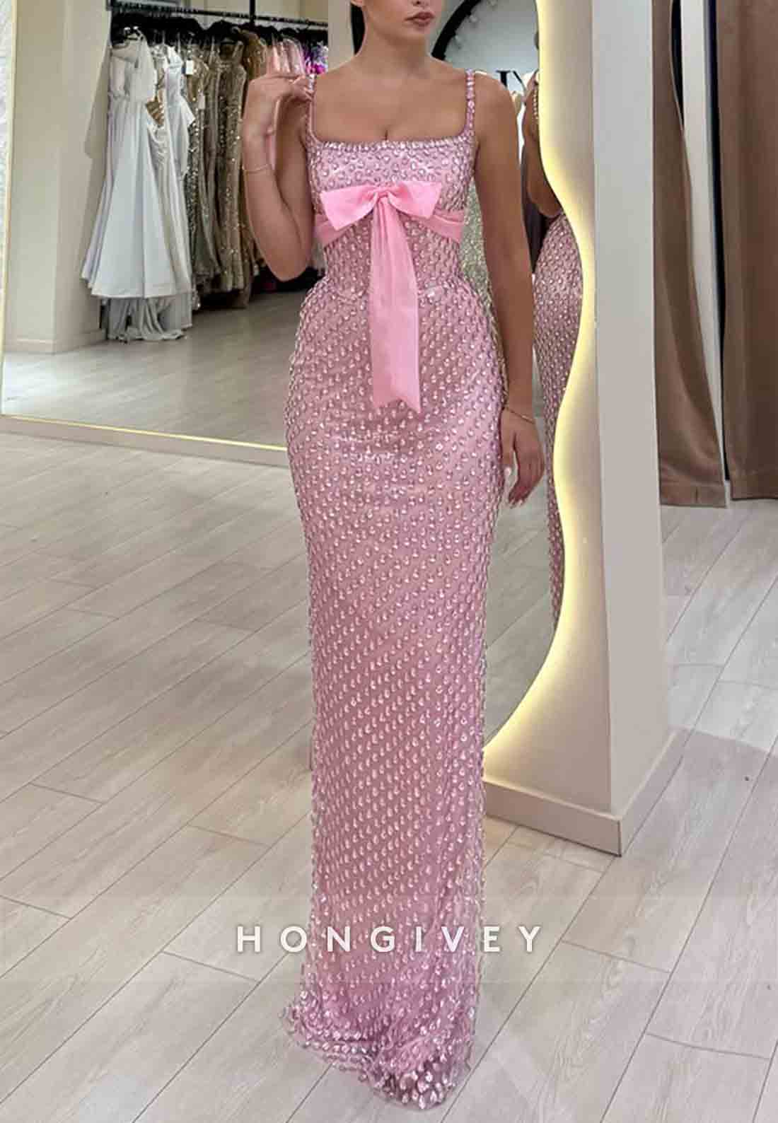 Sparkly Spaghetti Straps Pink Prom Dresses Square Neck Evening Gowns with Bowknot and Rhinestone