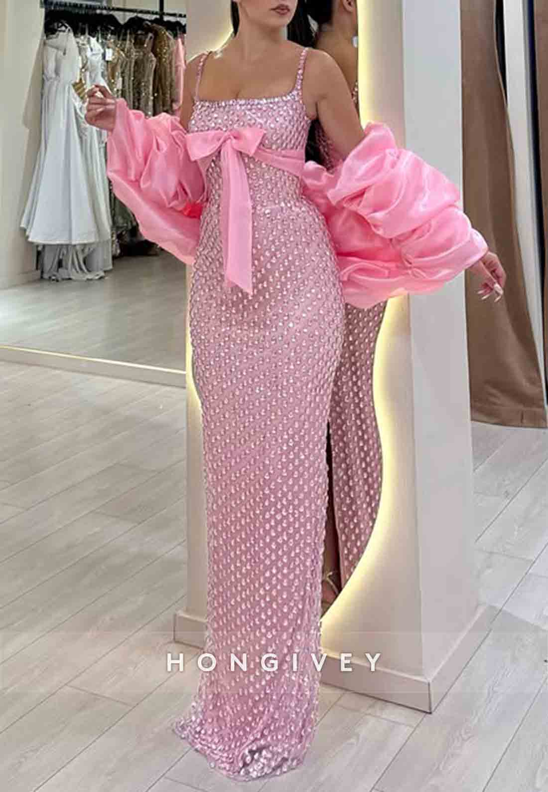 Sparkly Spaghetti Straps Pink Prom Dresses Square Neck Evening Gowns with Bowknot and Rhinestone