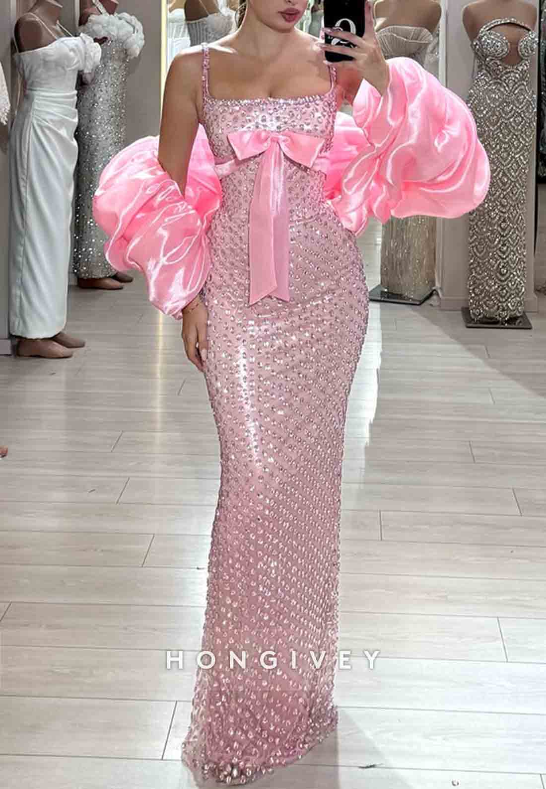 Sparkly Spaghetti Straps Pink Prom Dresses Square Neck Evening Gowns with Bowknot and Rhinestone