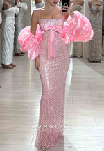 Sparkly Spaghetti Straps Pink Prom Dresses Square Neck Evening Gowns with Bowknot and Rhinestone