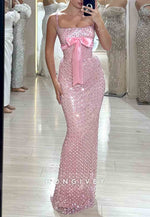 Sparkly Spaghetti Straps Pink Prom Dresses Square Neck Evening Gowns with Bowknot and Rhinestone