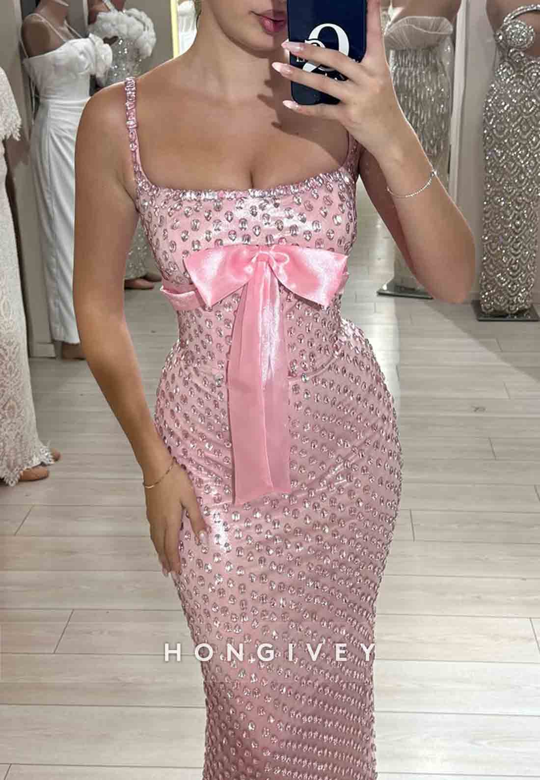 Sparkly Spaghetti Straps Pink Prom Dresses Square Neck Evening Gowns with Bowknot and Rhinestone