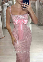 Sparkly Spaghetti Straps Pink Prom Dresses Square Neck Evening Gowns with Bowknot and Rhinestone