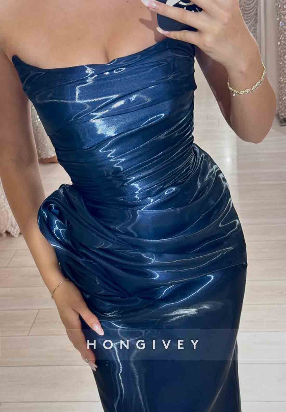 Strapless Column Navy Blue Metallic Pleated Prom Dresses with Side Slit