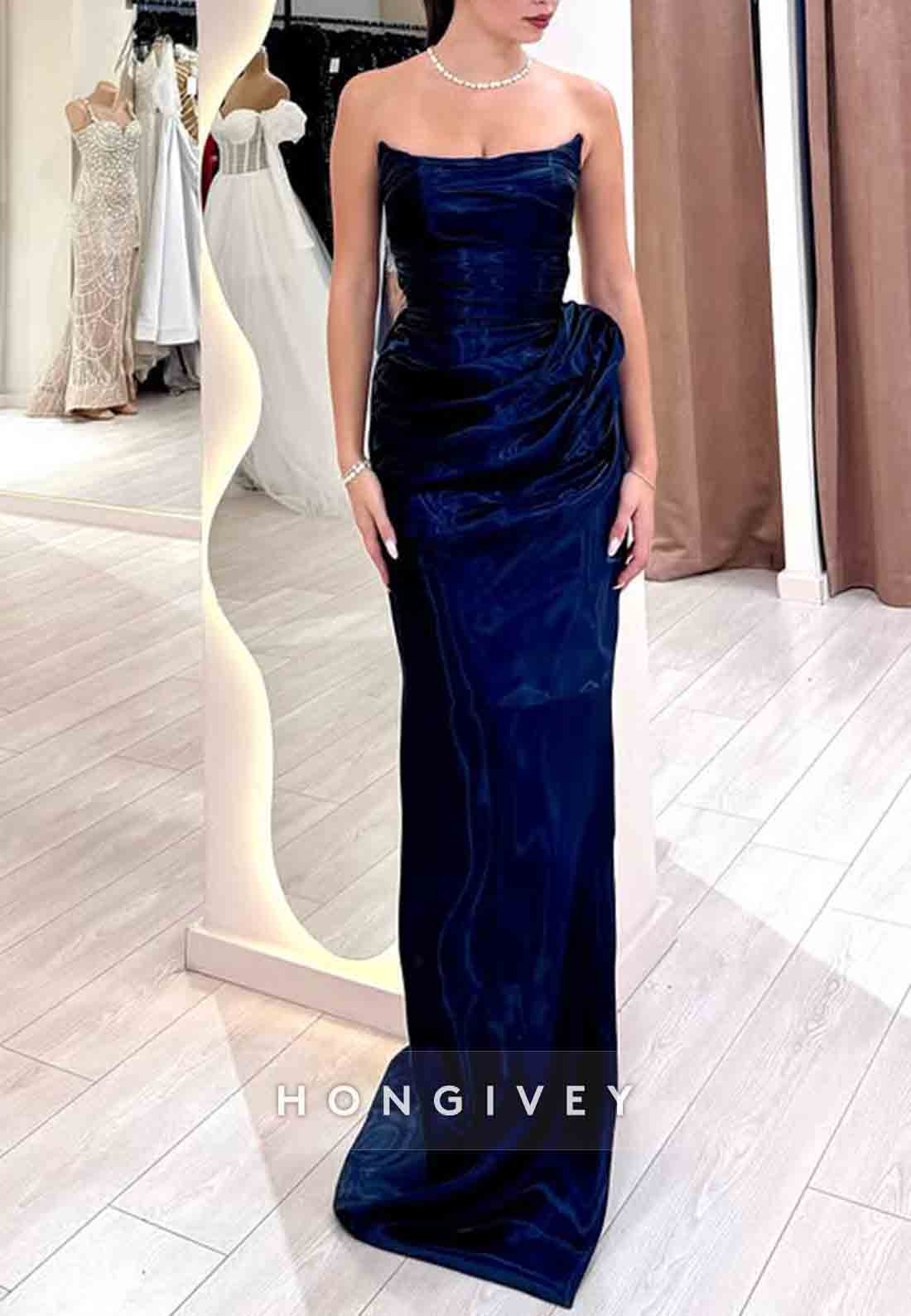 Strapless Column Navy Blue Metallic Pleated Prom Dresses with Side Slit
