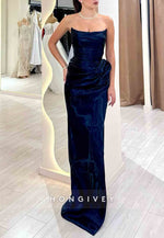 Strapless Column Navy Blue Metallic Pleated Prom Dresses with Side Slit
