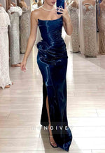 Strapless Column Navy Blue Metallic Pleated Prom Dresses with Side Slit