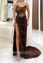 Elegant Chocolate Strapless Lace Court Train Prom Dresses with High Slit