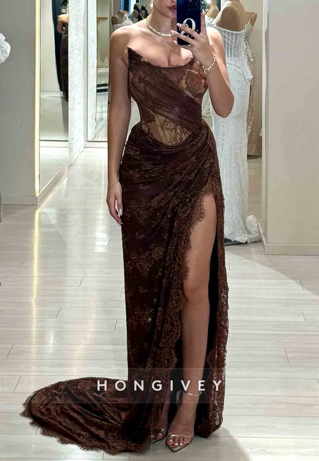 Elegant Chocolate Strapless Lace Court Train Prom Dresses with High Slit