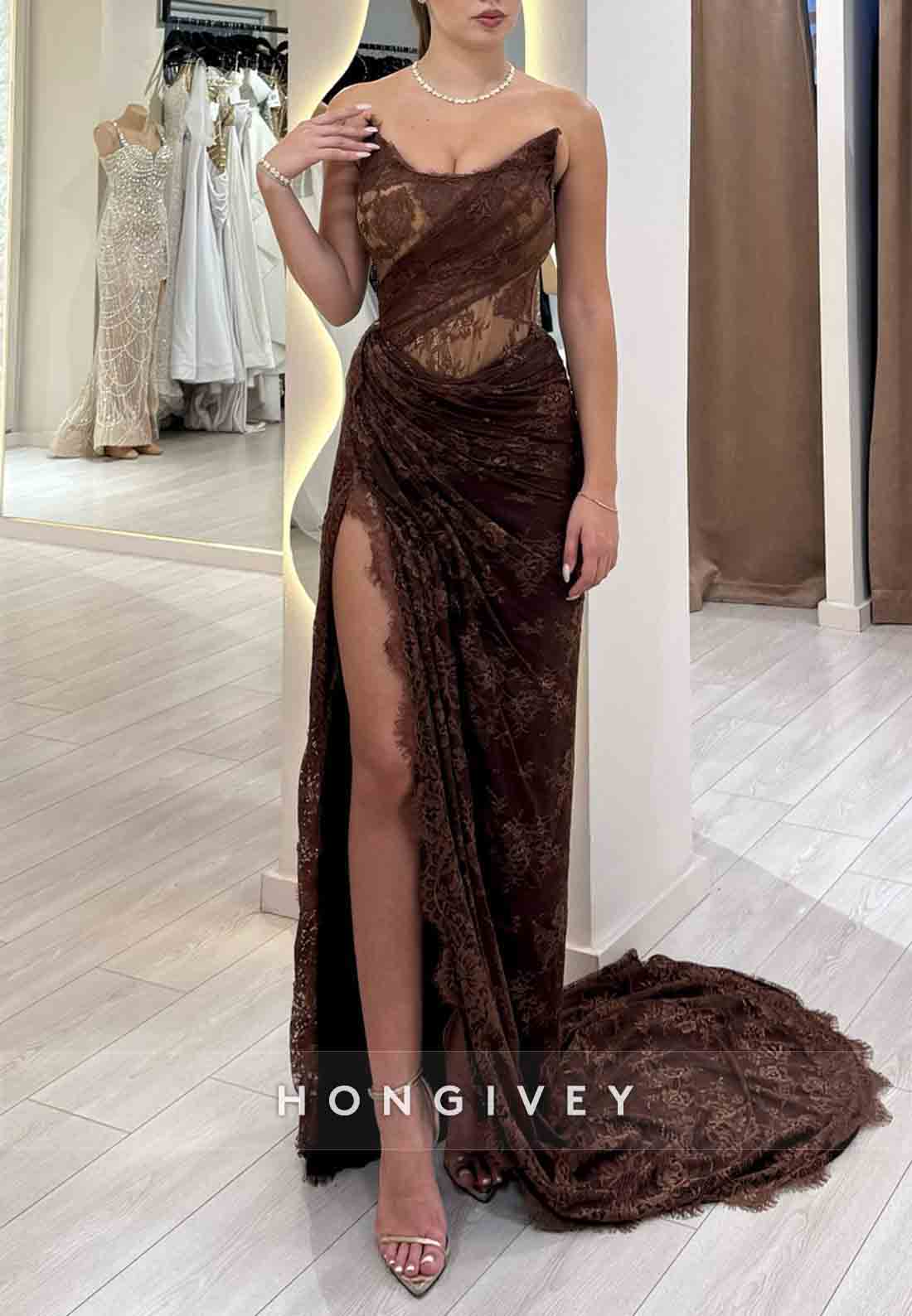 Elegant Chocolate Strapless Lace Court Train Prom Dresses with High Slit