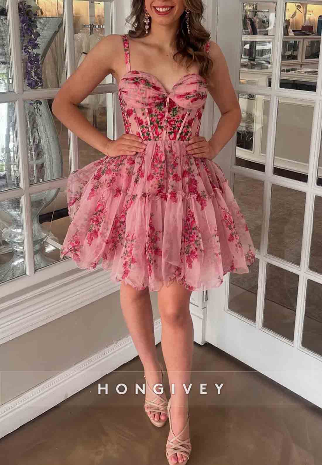 Sleeveless Sweetheart Floral Print Pleated A-Line Short Homecoming Dresses