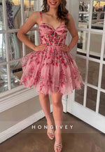Sleeveless Sweetheart Floral Print Pleated A-Line Short Homecoming Dresses