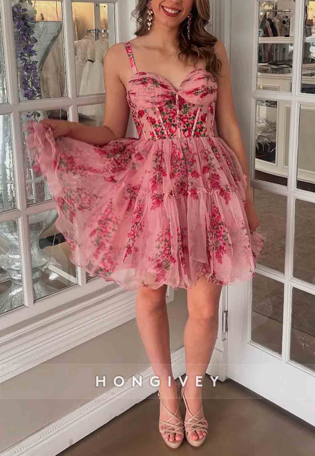 Sleeveless Sweetheart Floral Print Pleated A-Line Short Homecoming Dresses