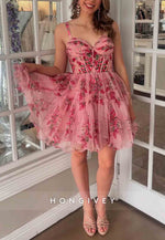 Sleeveless Sweetheart Floral Print Pleated A-Line Short Homecoming Dresses
