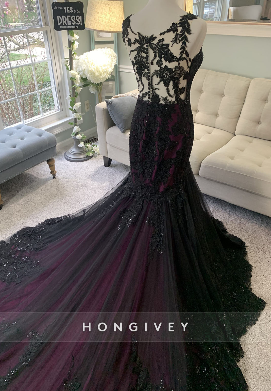 Lace Olivia Black and Purple Illusion Neck Mermaid Wedding Dress with Cape