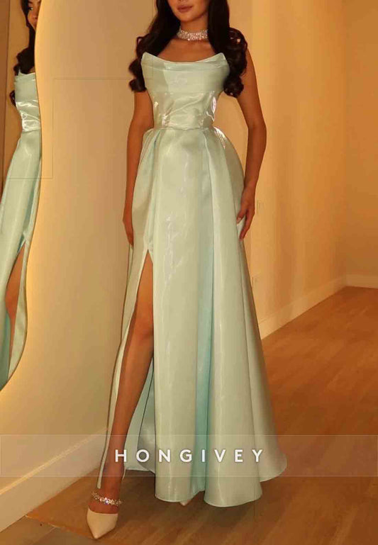 Side Slit Strapless Floor-Length A-Line Sleeveless Pleated Evening Gowns