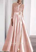 Pleated Long Sleeve Satin Waistband Flower Illusion Neck Beading Evening Gown