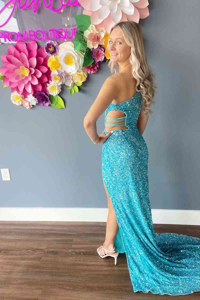 One Shoulder Formal Dress Sequin Prom Dress Mermaid with Slit