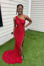 One Shoulder Formal Dress Sequin Prom Dress Mermaid with Slit