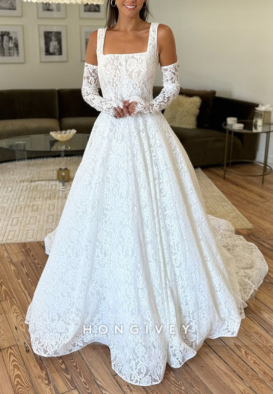 Square Regular Straps Lace Court Train Vintage Princess Wedding Dresses