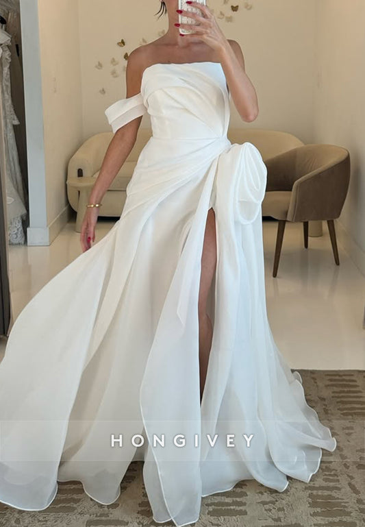 High Slit Off the Shoulder Court Train Flower Pleated Wedding Dresses