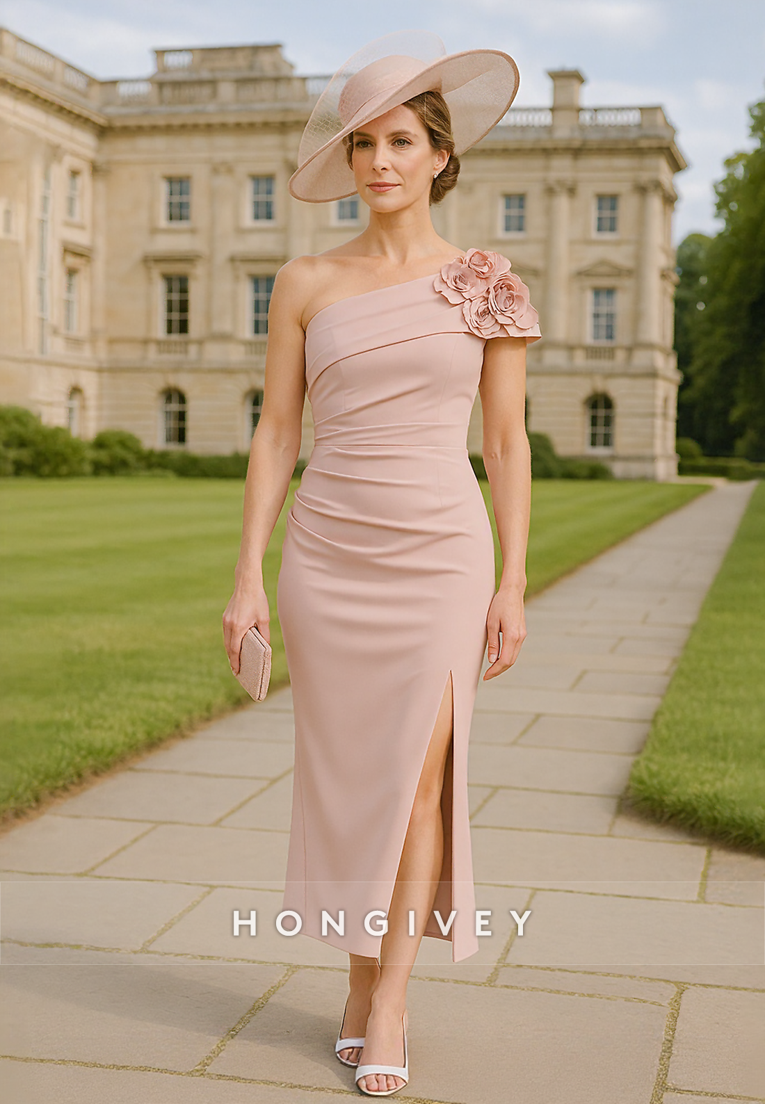 Elegant Blush one shoulder Flower Side Slit Tea-Length Mother of the Bride Dress