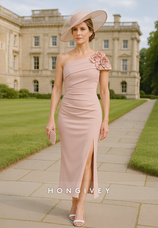 Elegant Blush one shoulder Flower Side Slit Tea-Length Mother of the Bride Dress