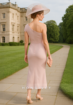 Elegant Blush one shoulder Flower Side Slit Tea-Length Mother of the Bride Dress