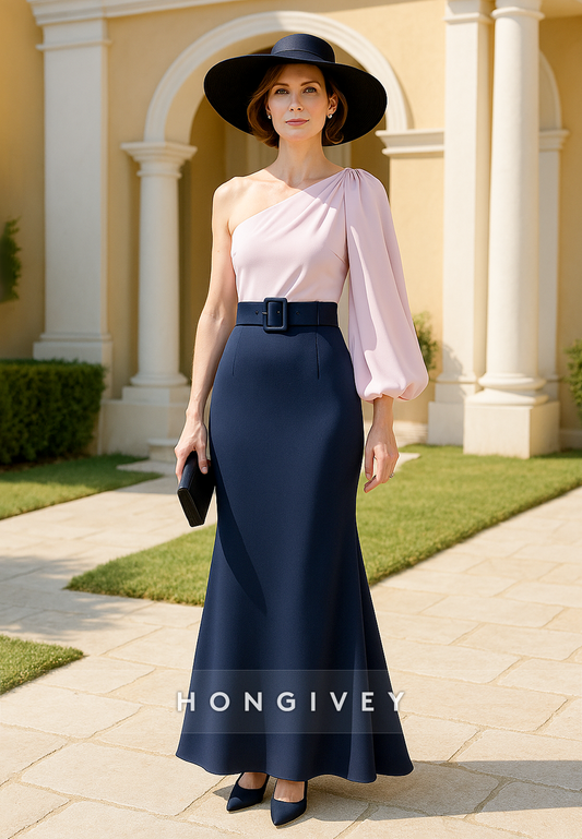 One Shoulder Vintage Ankle-Length Trumpet Mother of the Bride Dress with Waistband