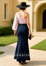 One Shoulder Vintage Ankle-Length Trumpet Mother of the Bride Dress with Waistband
