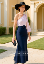 One Shoulder Vintage Ankle-Length Trumpet Mother of the Bride Dress with Waistband