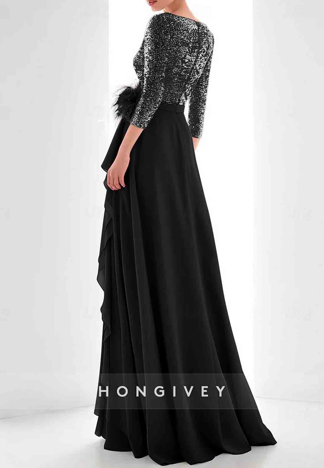 3/4 Sleeve A-Line Guest of Wedding Glitter Pleated Evening Gowns with Feather
