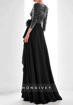 3/4 Sleeve A-Line Guest of Wedding Glitter Pleated Evening Gowns with Feather