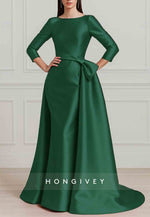 3/4 Sleeve Satin Detachable Bateau Neck Trumpet Evening Gown
