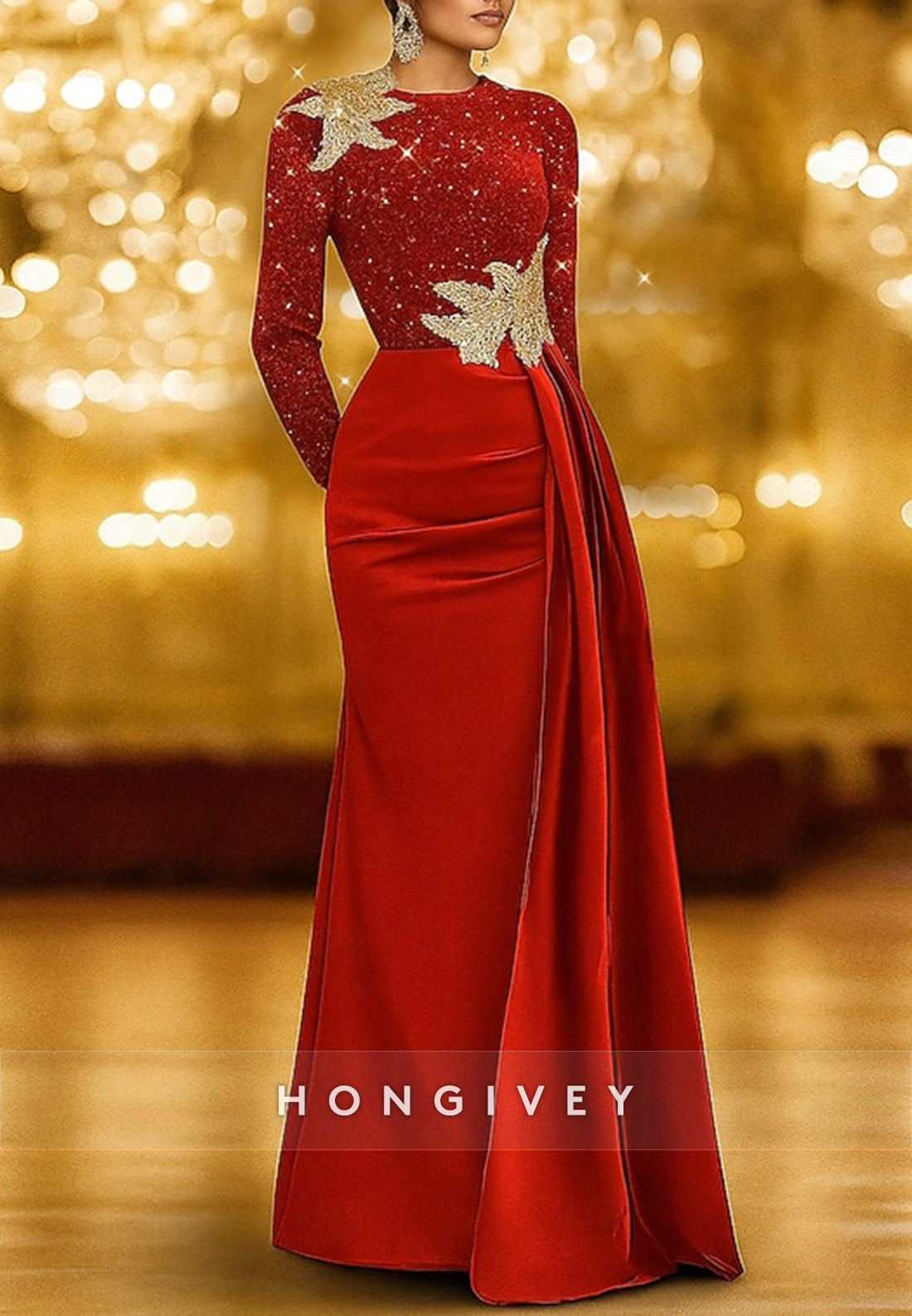 A-Line Evening Gown Long Sleeve Crew Neck Satin Glitter Mother Of the Bride Dress